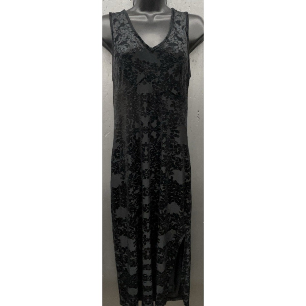 Black‎ Velvet Burnout Dress 7/8 Slit Sleeveless Elegant Dark Romantic Whimsigoth
